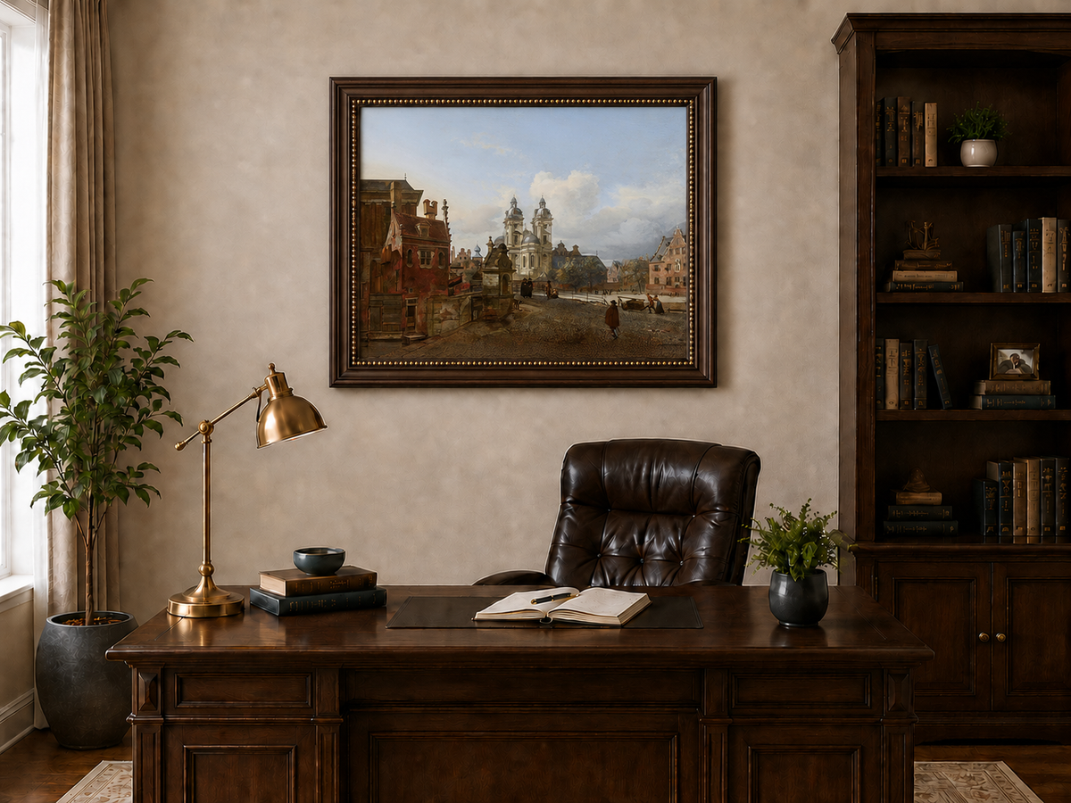 Ölgemälde Landschaft – Urbane Historische Gebäude & Figuren