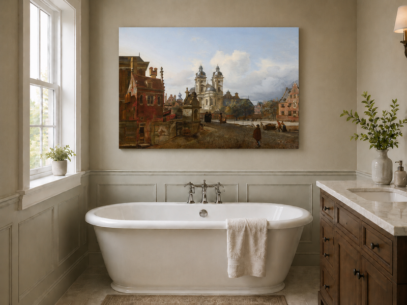 Ölgemälde Landschaft – Urbane Historische Gebäude & Figuren