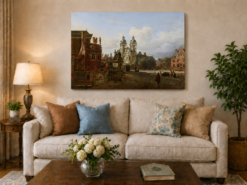 Ölgemälde Landschaft – Urbane Historische Gebäude & Figuren