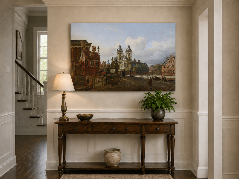 Ölgemälde Landschaft – Urbane Historische Gebäude & Figuren