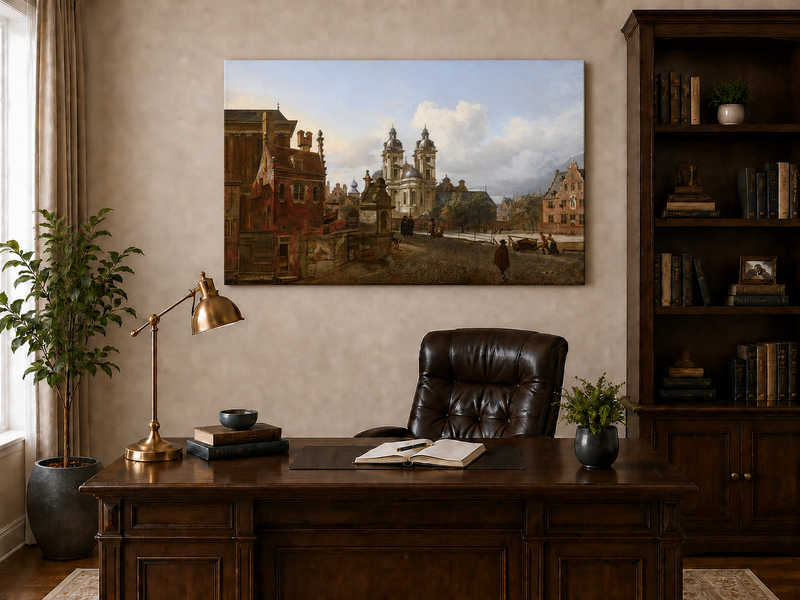 Ölgemälde Landschaft – Urbane Historische Gebäude & Figuren