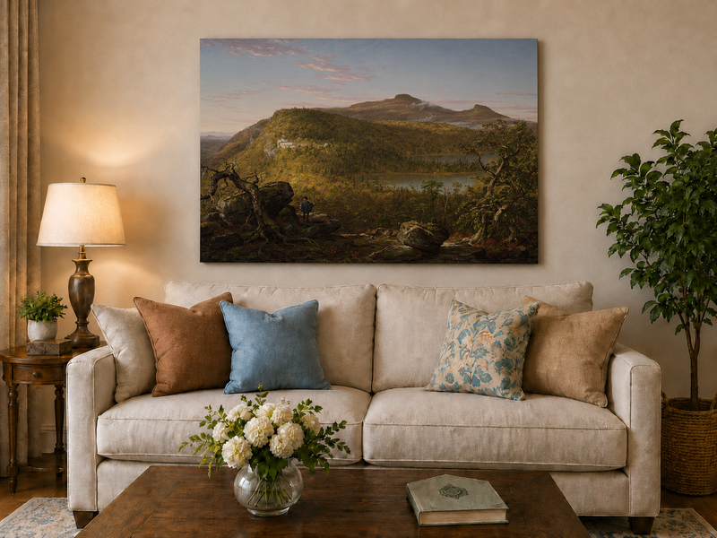 Landscape Oil Painting - Mountain Lake Building & Figure