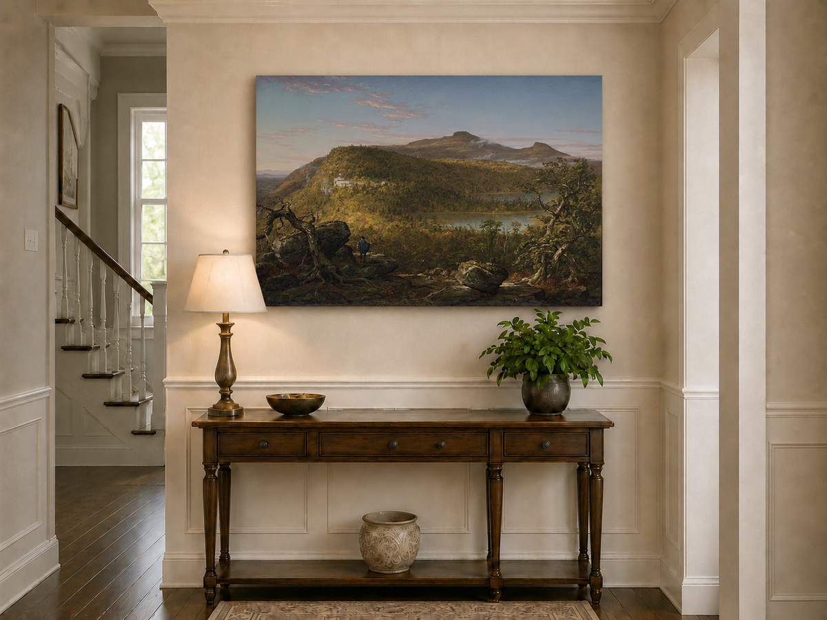 Landscape Oil Painting - Mountain Lake Building & Figure