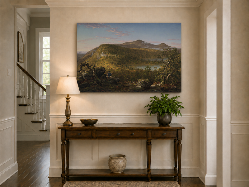 Landscape Oil Painting - Mountain Lake Building & Figure