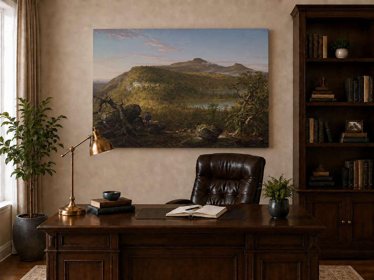 Landscape Oil Painting - Mountain Lake Building & Figure