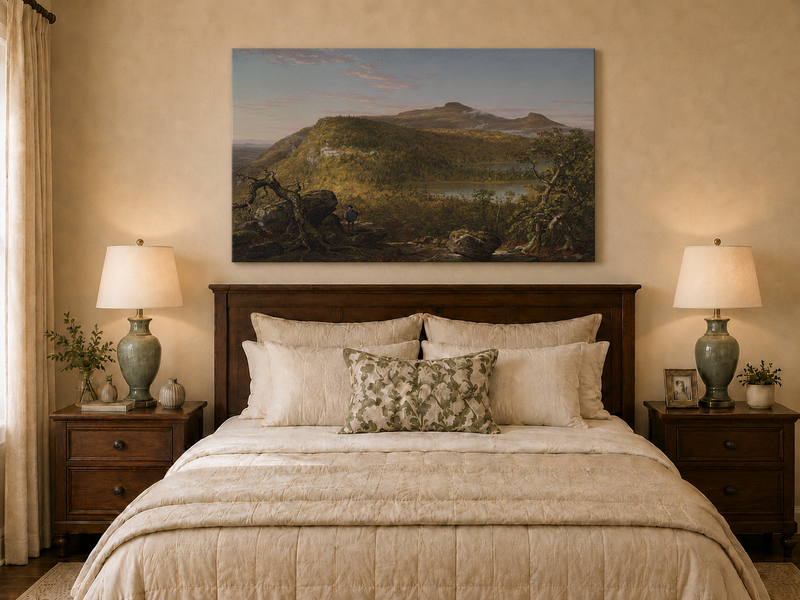 Landscape Oil Painting - Mountain Lake Building & Figure