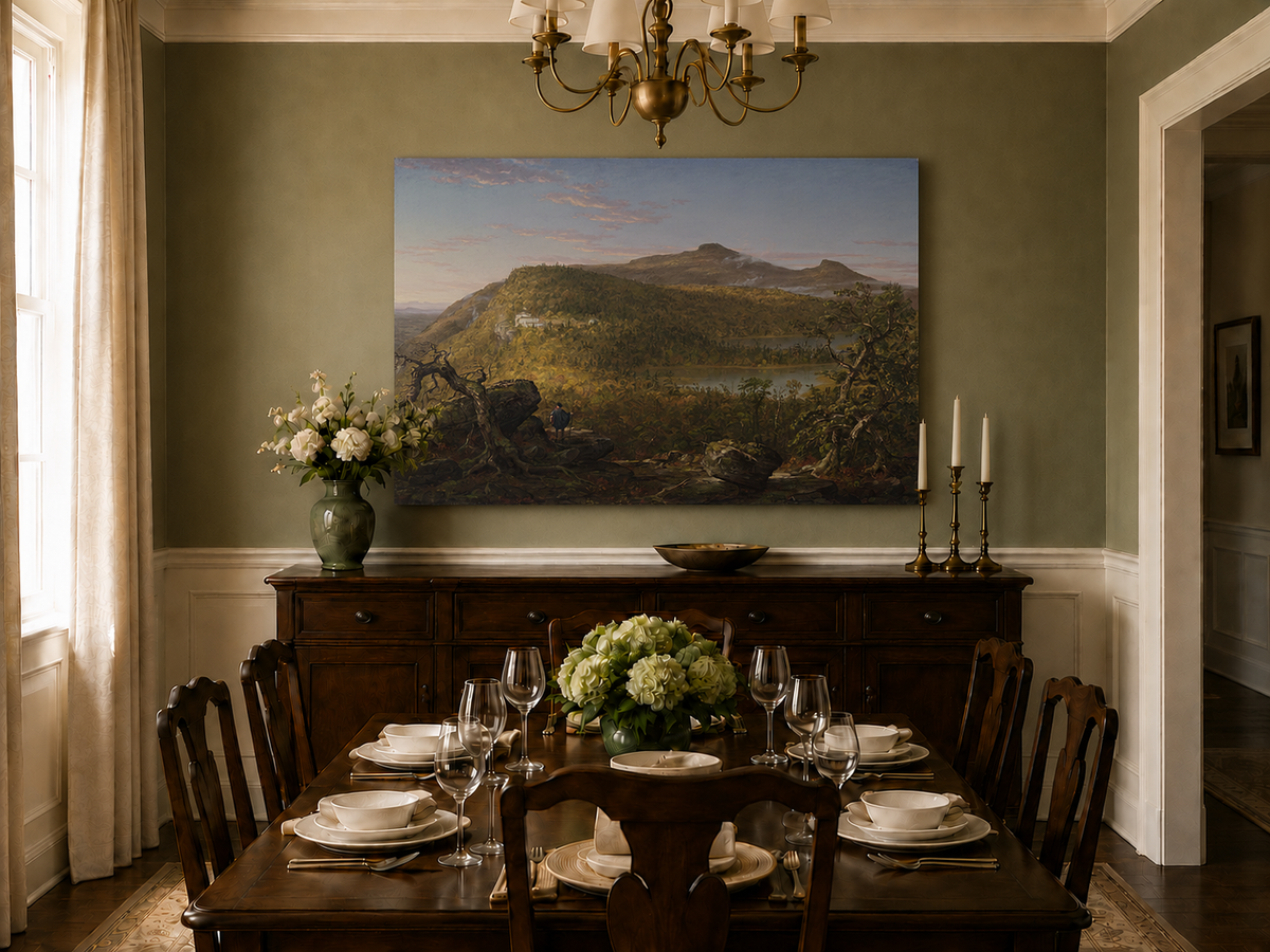 Landscape Oil Painting - Mountain Lake Building & Figure