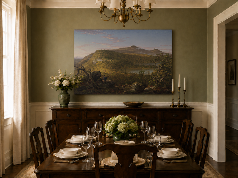 Landscape Oil Painting - Mountain Lake Building & Figure