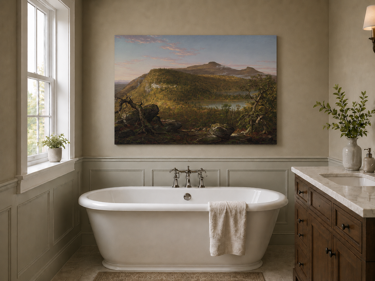 Landscape Oil Painting - Mountain Lake Building & Figure