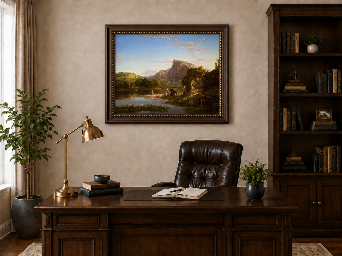 Landscape Oil Painting - Lakeside with Ancient Ruins and Figures
