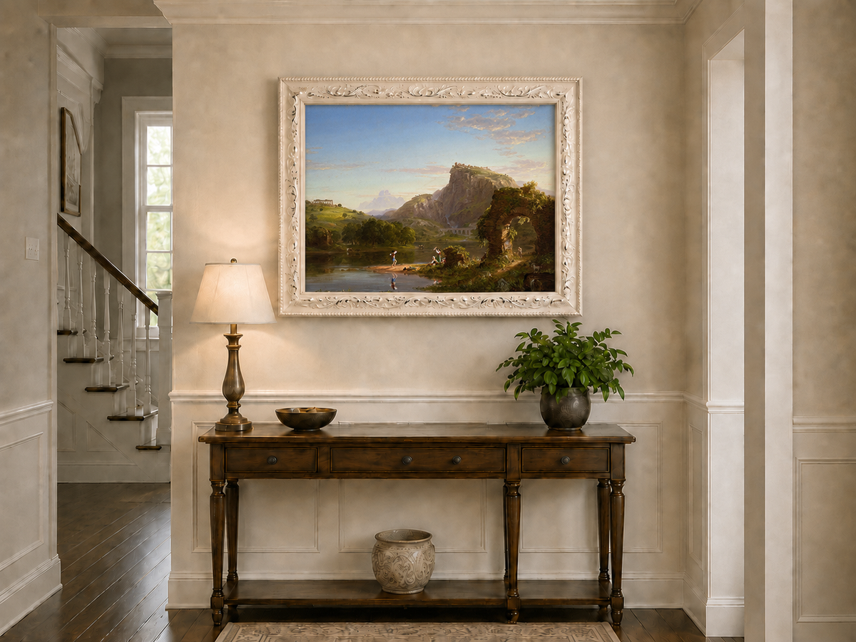 Landscape Oil Painting - Lakeside with Ancient Ruins and Figures