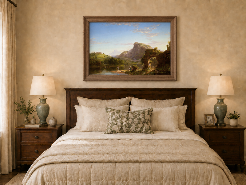 Landscape Oil Painting - Lakeside with Ancient Ruins and Figures