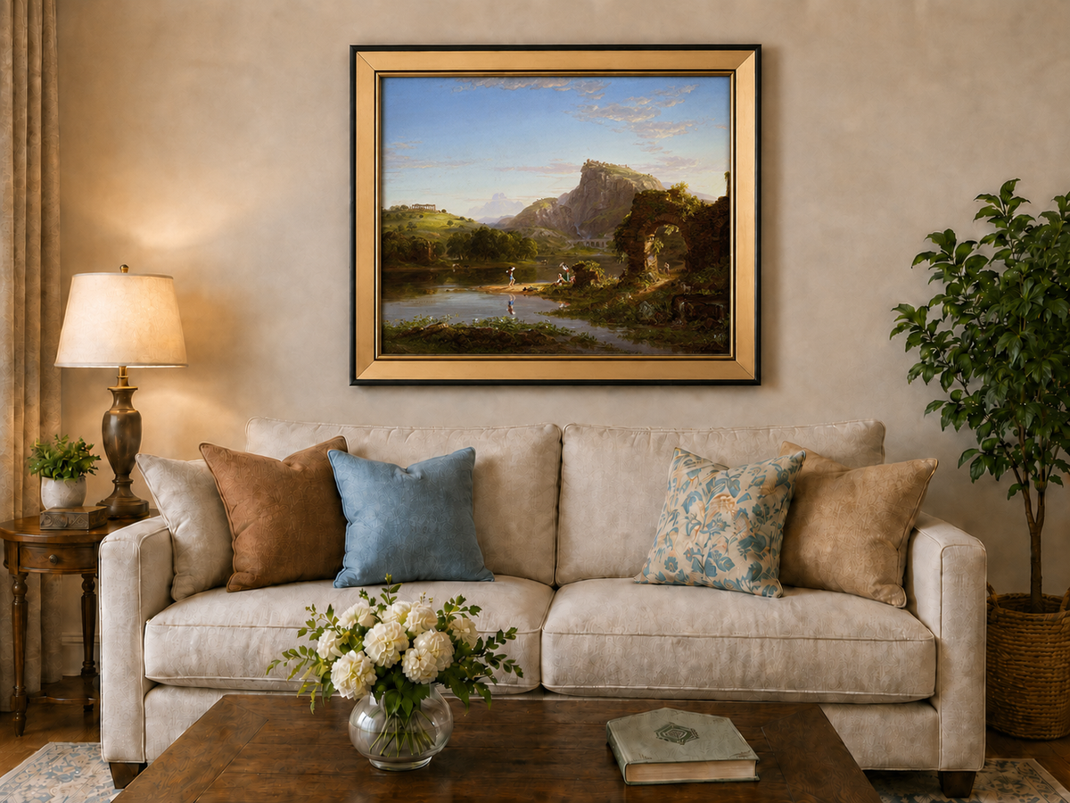 Landscape Oil Painting - Lakeside with Ancient Ruins and Figures