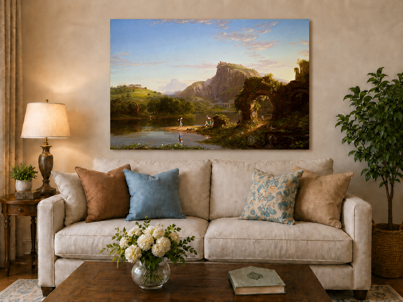 Landscape Oil Painting - Lakeside with Ancient Ruins and Figures
