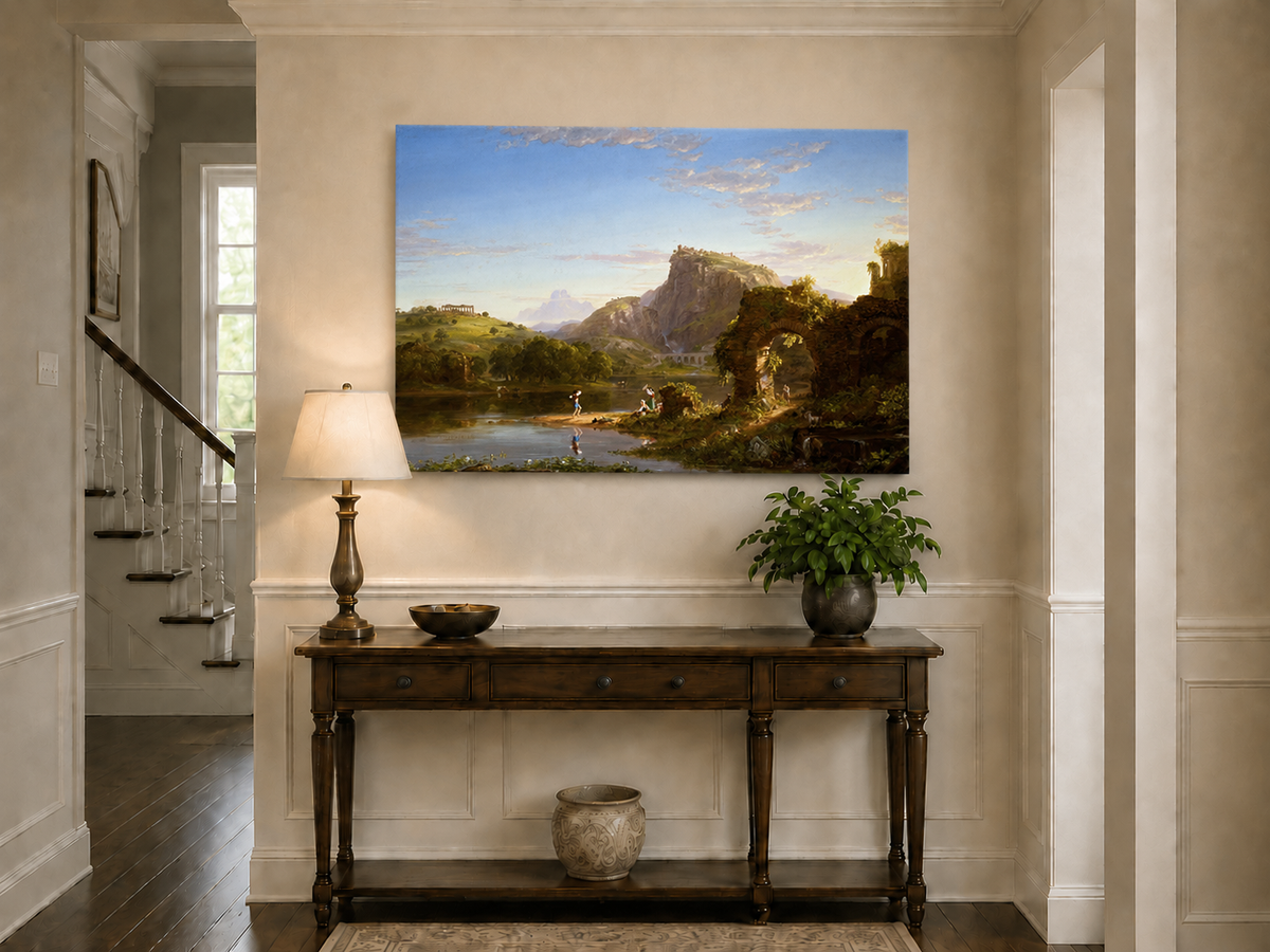 Landscape Oil Painting - Lakeside with Ancient Ruins and Figures