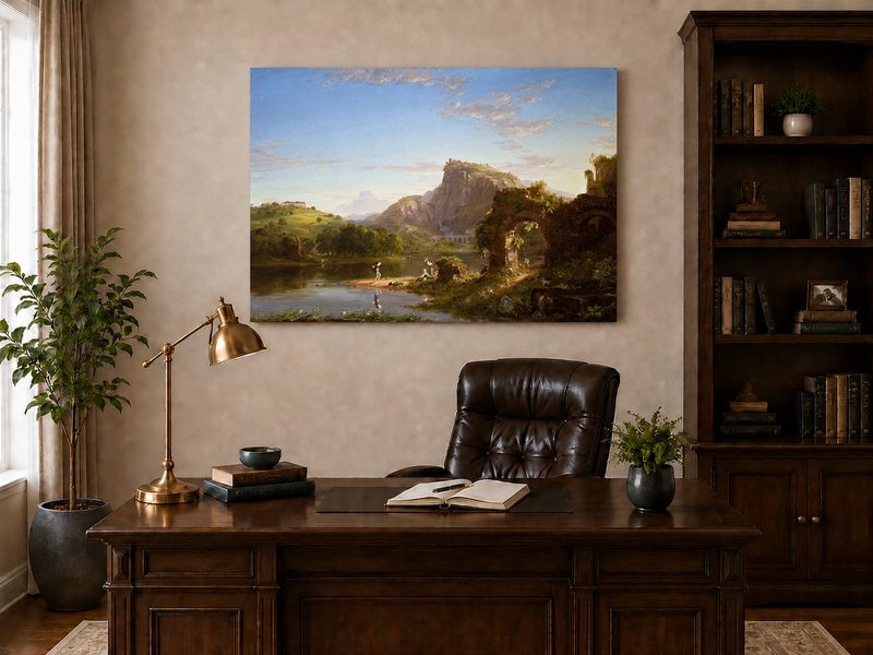 Landscape Oil Painting - Lakeside with Ancient Ruins and Figures