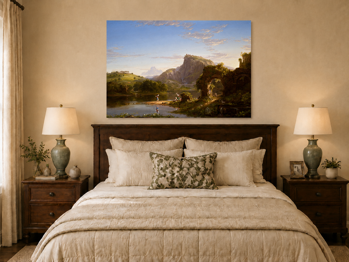 Landscape Oil Painting - Lakeside with Ancient Ruins and Figures