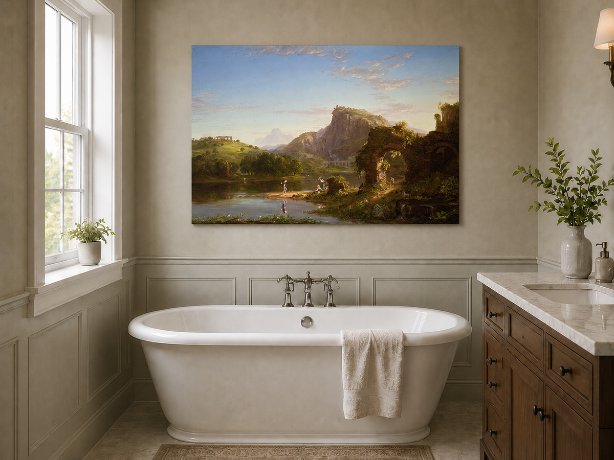 Landscape Oil Painting - Lakeside with Ancient Ruins and Figures