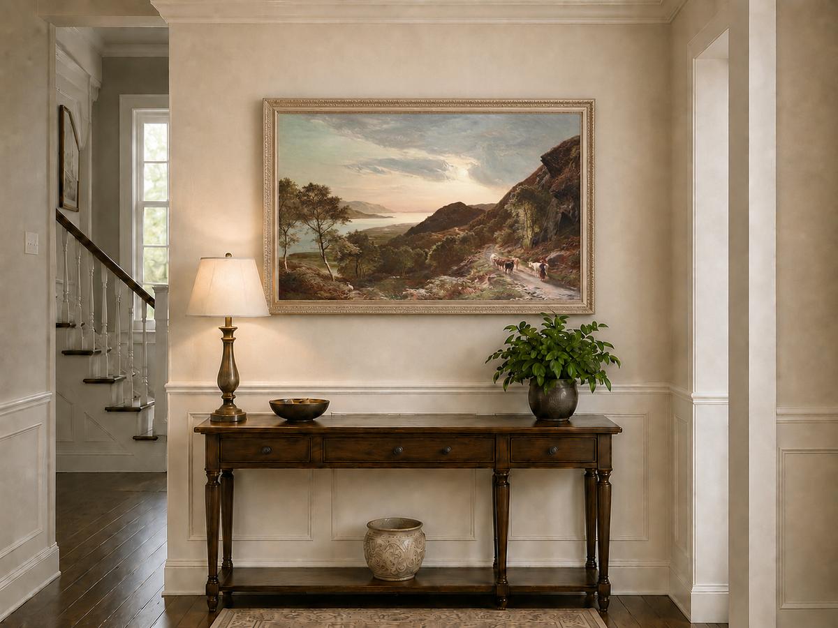 Landscape Oil Painting - Mountain Path, Cattle Lake Sunset