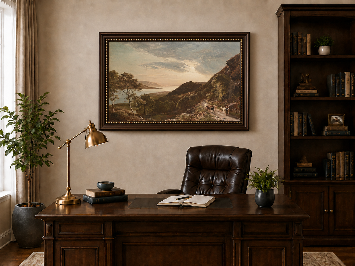 Landscape Oil Painting - Mountain Path, Cattle Lake Sunset