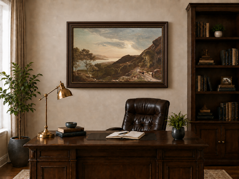 Landscape Oil Painting - Mountain Path, Cattle Lake Sunset