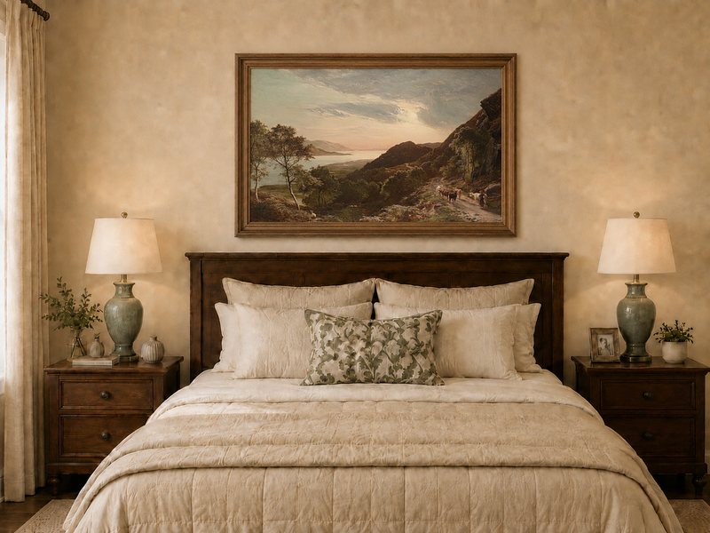 Landscape Oil Painting - Mountain Path, Cattle Lake Sunset