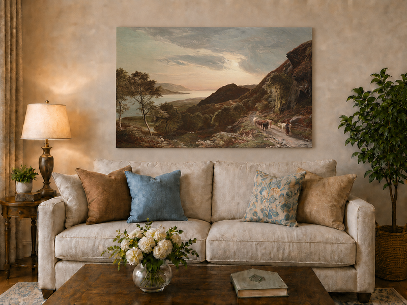 Landscape Oil Painting - Mountain Path, Cattle Lake Sunset