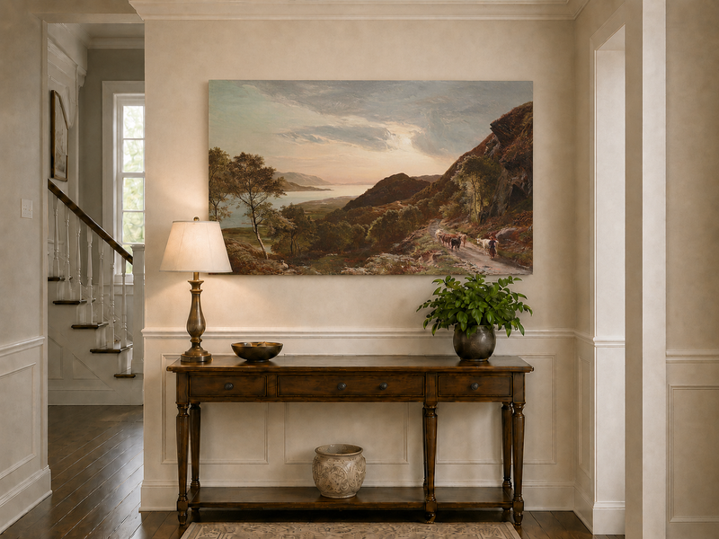 Landscape Oil Painting - Mountain Path, Cattle Lake Sunset