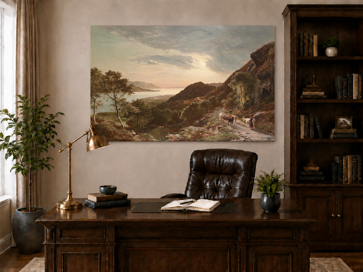 Landscape Oil Painting - Mountain Path, Cattle Lake Sunset