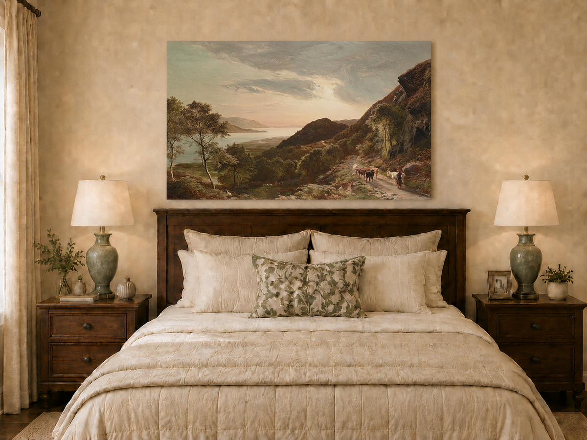 Landscape Oil Painting - Mountain Path, Cattle Lake Sunset