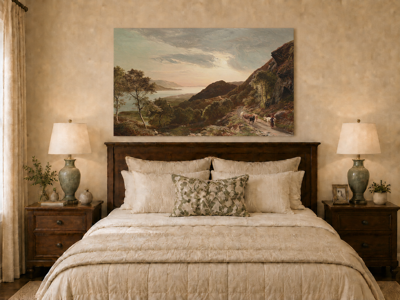 Landscape Oil Painting - Mountain Path, Cattle Lake Sunset