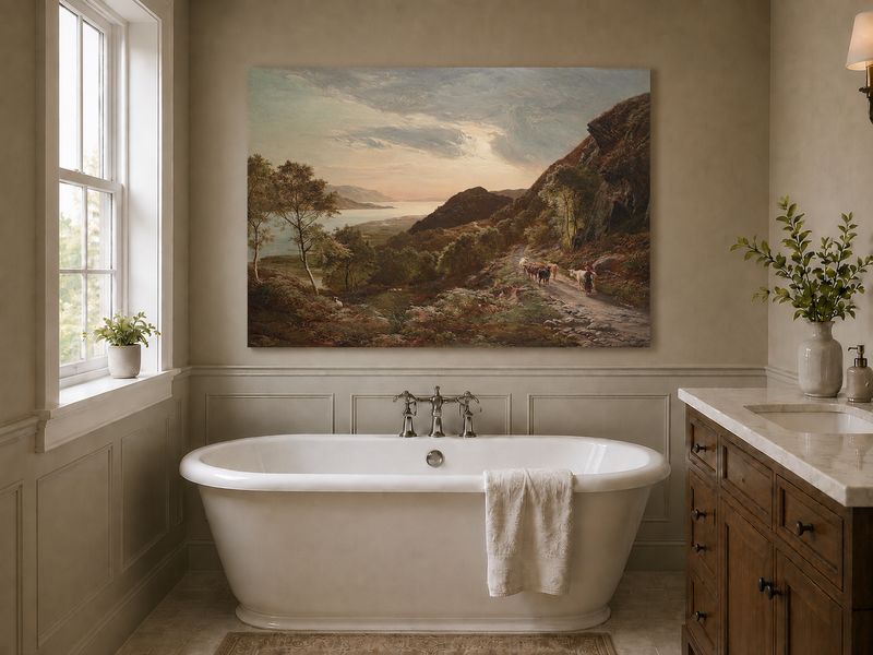 Landscape Oil Painting - Mountain Path, Cattle Lake Sunset