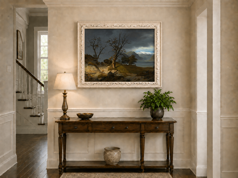 Landscape Oil Painting - Stormy Fjord with Rider and Bare Trees