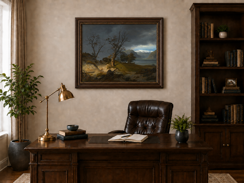 Landscape Oil Painting - Stormy Fjord with Rider and Bare Trees