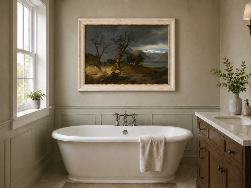 Landscape Oil Painting - Stormy Fjord with Rider and Bare Trees