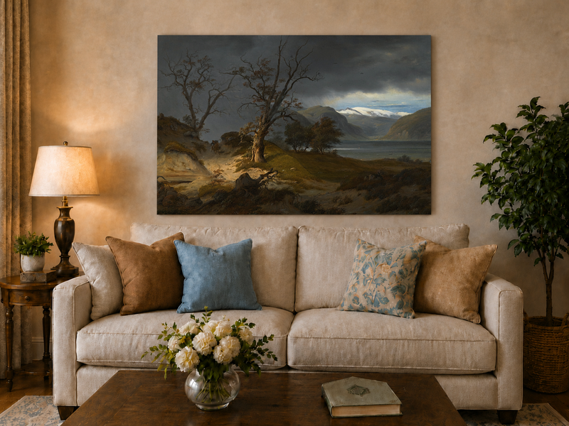 Landscape Oil Painting - Stormy Fjord with Rider and Bare Trees