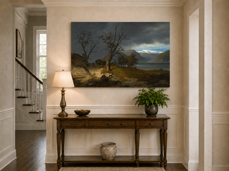 Landscape Oil Painting - Stormy Fjord with Rider and Bare Trees