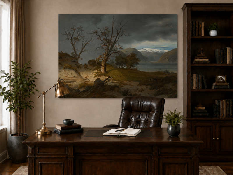 Landscape Oil Painting - Stormy Fjord with Rider and Bare Trees