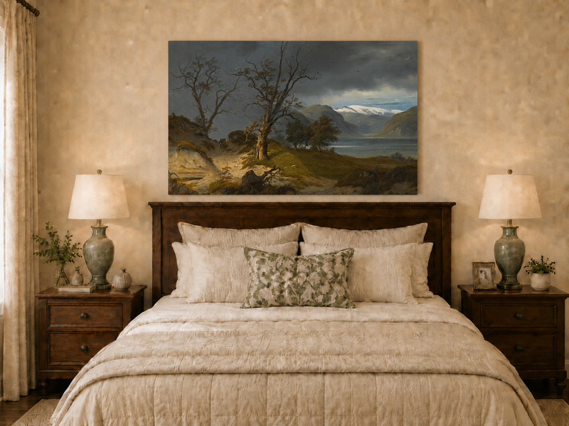 Landscape Oil Painting - Stormy Fjord with Rider and Bare Trees