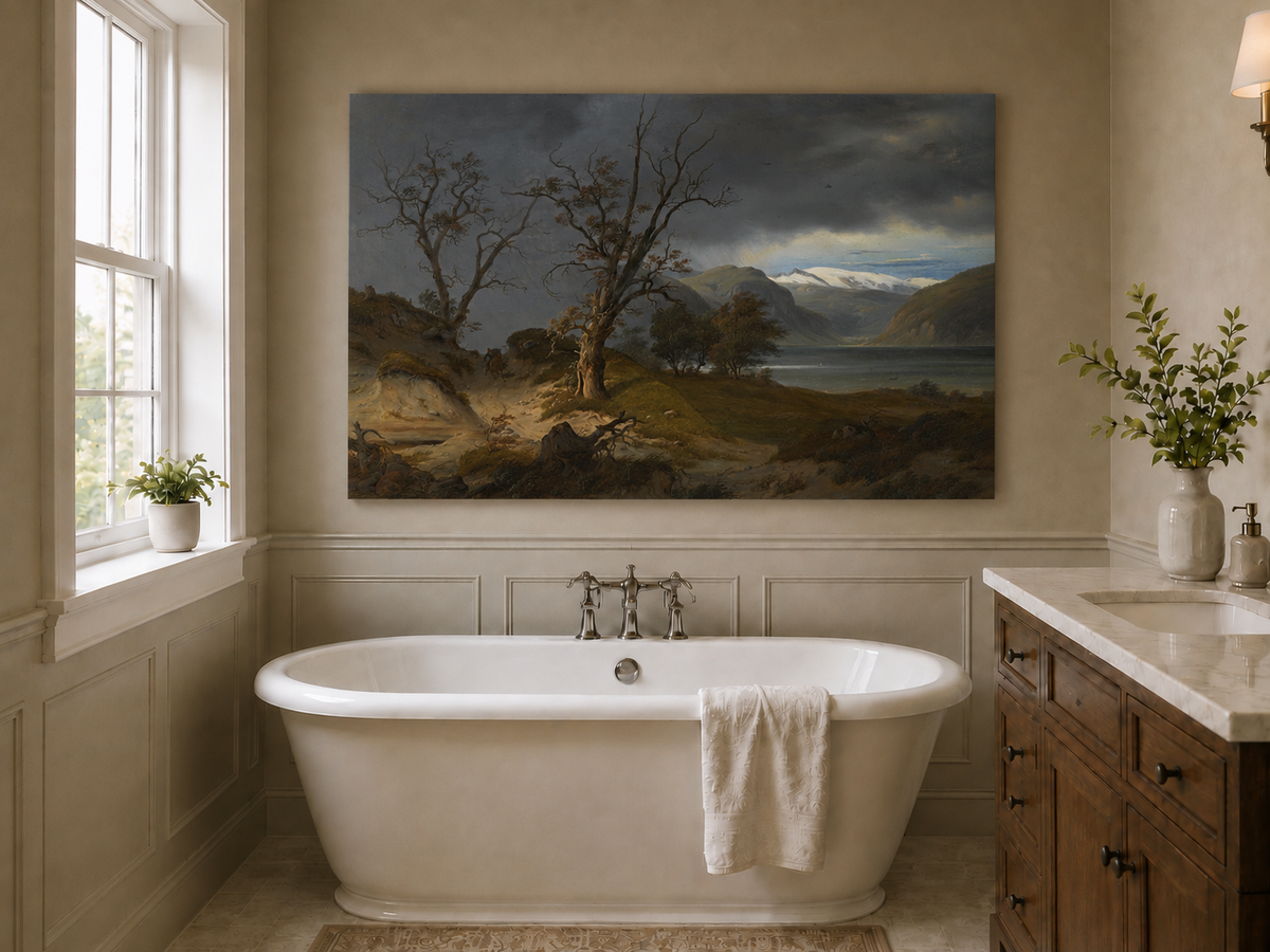 Landscape Oil Painting - Stormy Fjord with Rider and Bare Trees