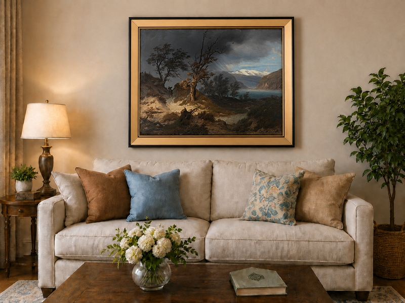 Landscape Oil Painting - Stormy Fjord with Bare Trees and Rider