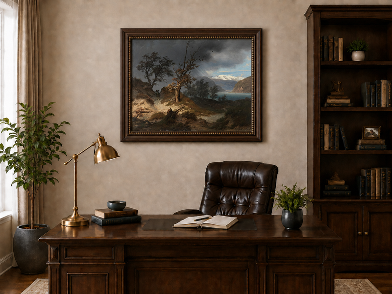 Landscape Oil Painting - Stormy Fjord with Bare Trees and Rider