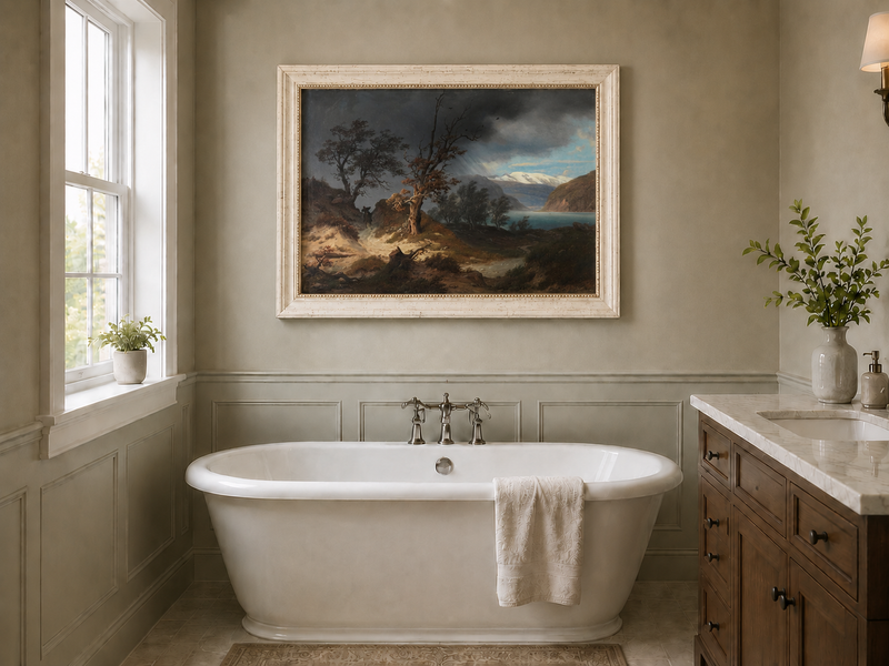 Landscape Oil Painting - Stormy Fjord with Bare Trees and Rider