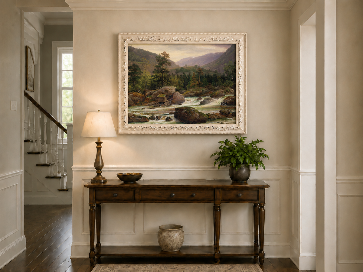 Landscape Oil Painting - Mountain River Rapids and Forest Valley
