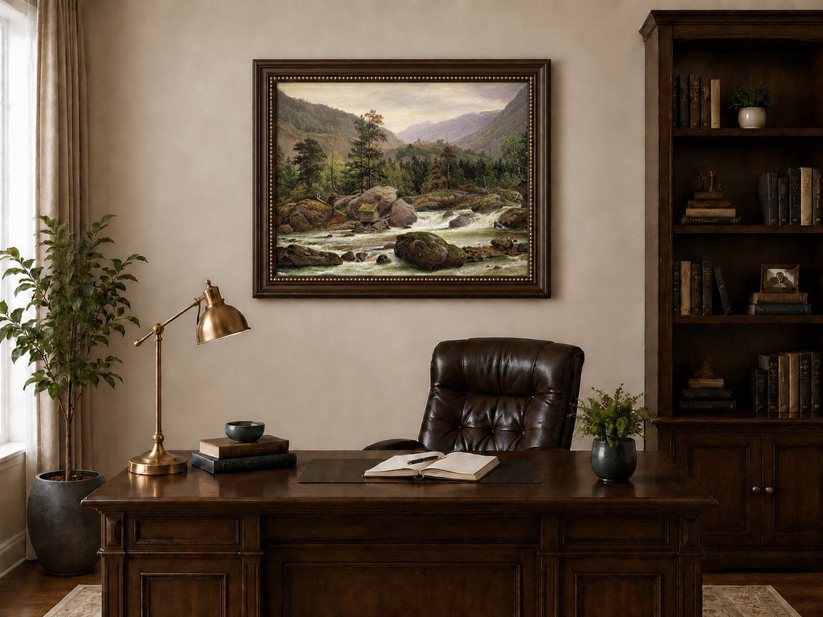 Landscape Oil Painting - Mountain River Rapids and Forest Valley