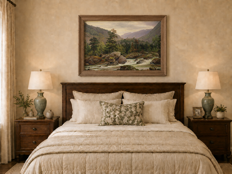 Landscape Oil Painting - Mountain River Rapids and Forest Valley