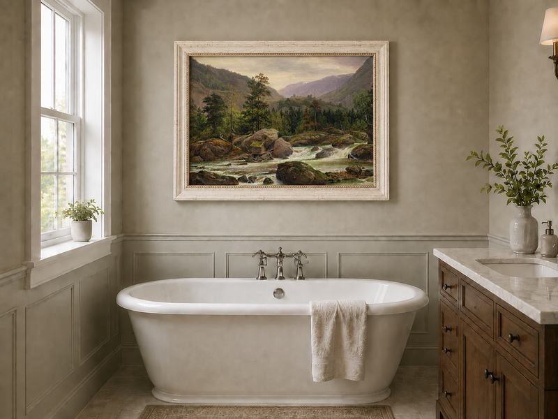Landscape Oil Painting - Mountain River Rapids and Forest Valley