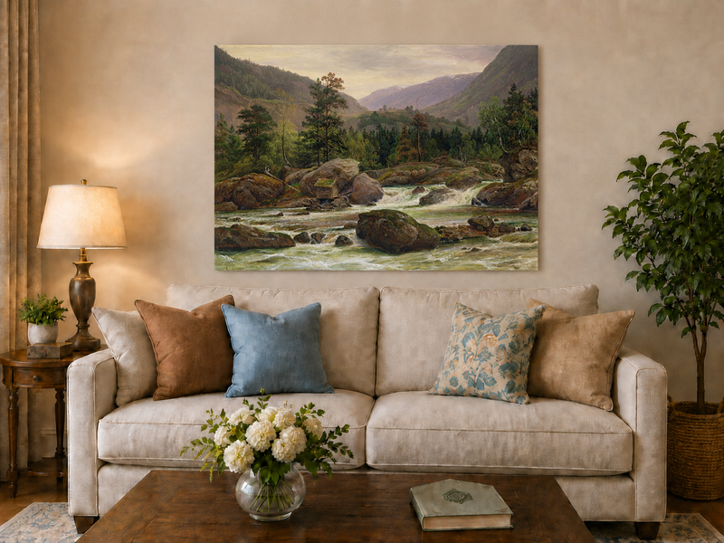 Landscape Oil Painting - Mountain River Rapids and Forest Valley