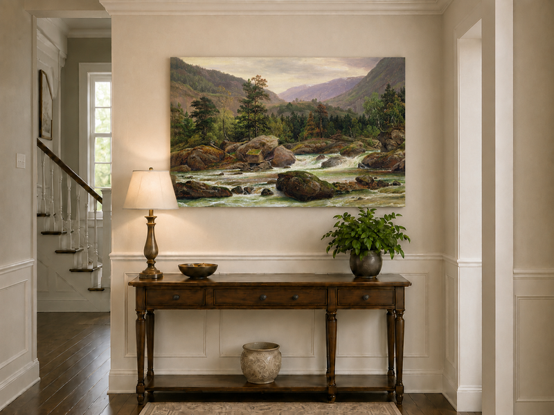 Landscape Oil Painting - Mountain River Rapids and Forest Valley