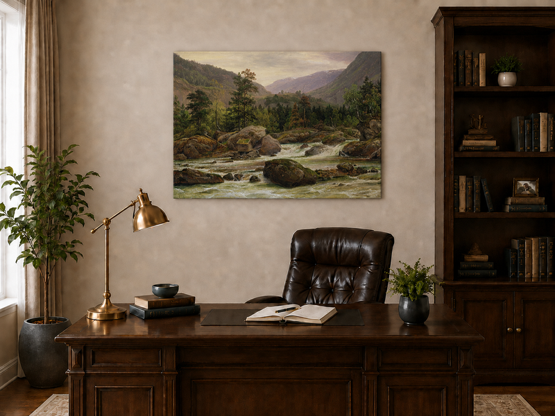 Landscape Oil Painting - Mountain River Rapids and Forest Valley